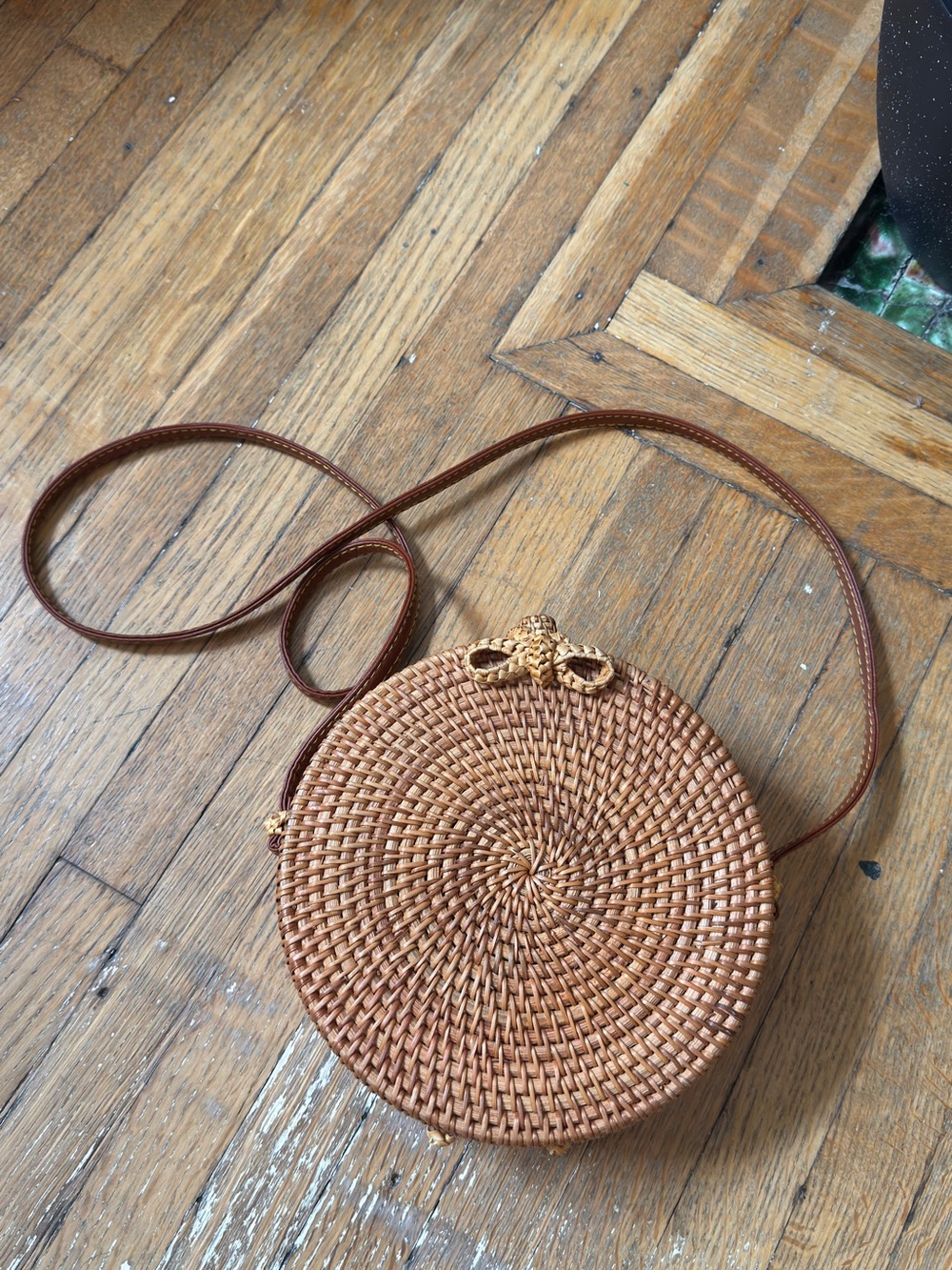 Handwoven Round Rattan Crossbody Bag - Picture 2 of 5